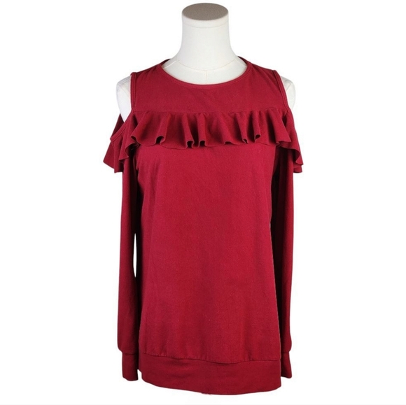 Tickled Teal Red Cold Shoulder Ruffle Top Long Sleeve Stretch Blouse Size M - Picture 1 of 7
